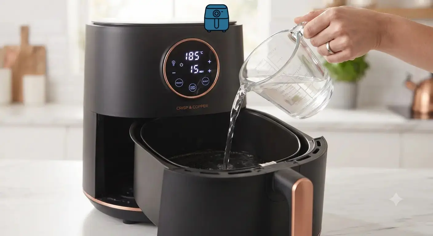 Persona vertiendo agua y vinagre desde una taza medidora a la cubeta de la freidora de aire