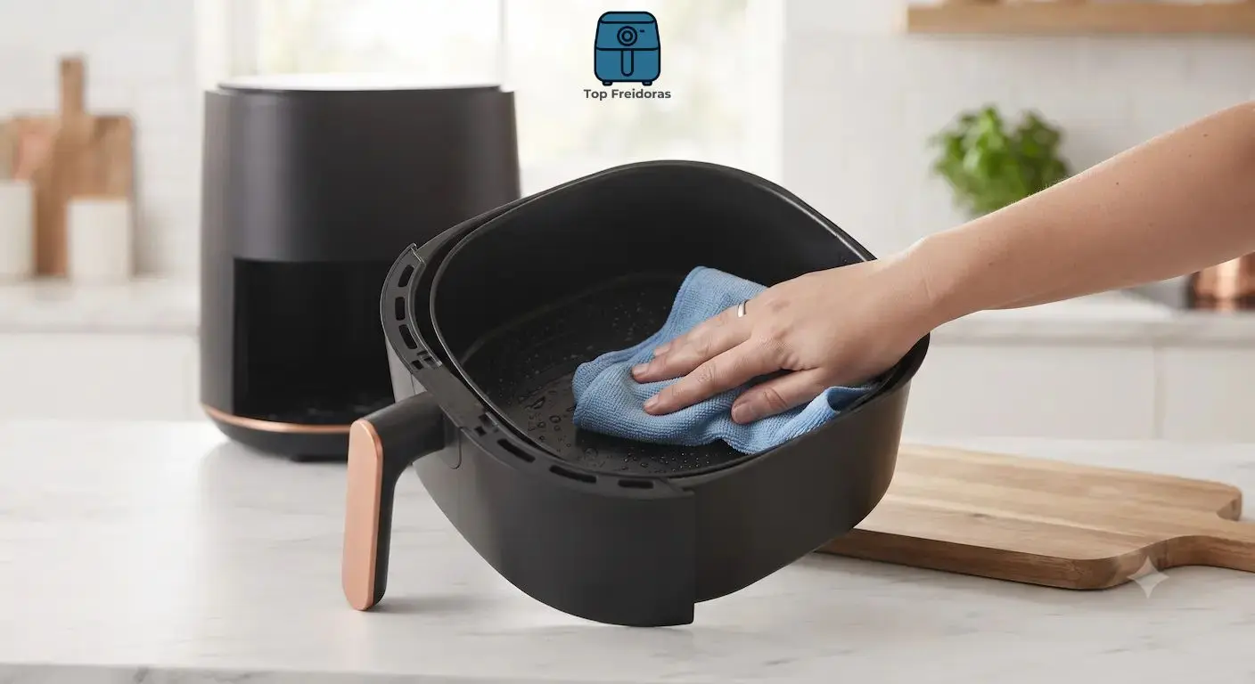 Mano secando el interior de la cesta de la freidora con un paño de microfibra azul húmedo